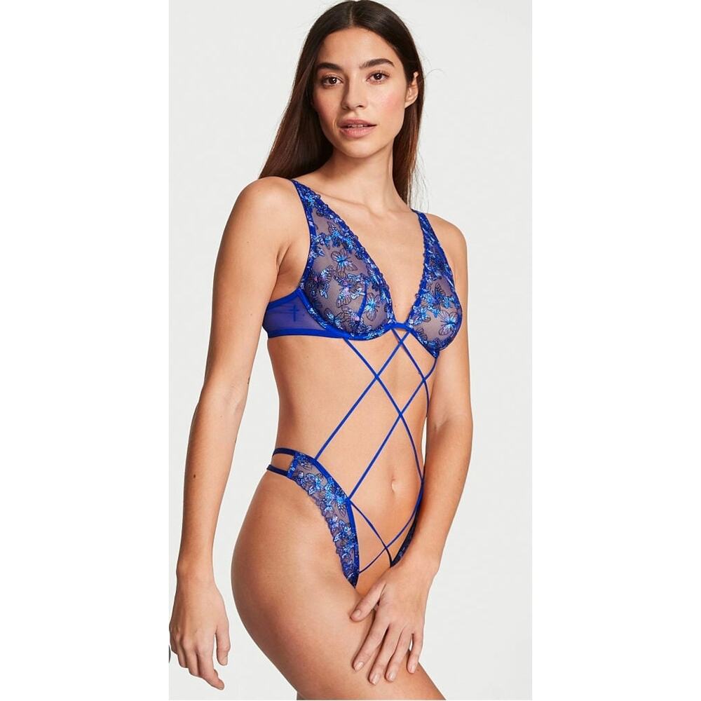 Victoria Secret Strappy Crotchless Teddy Medium Blue Butterfly Embroidered